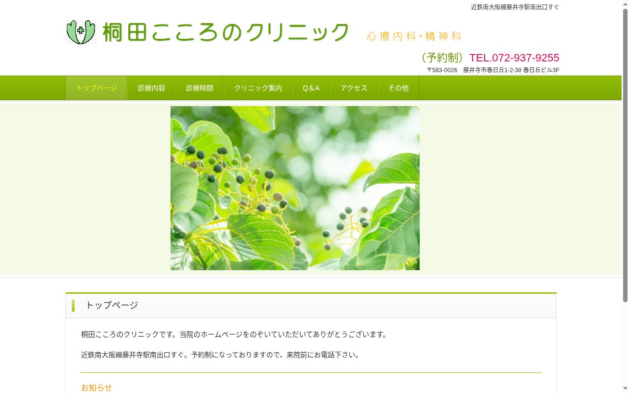 桐田こころのクリニックの公式サイトのスクリーンショット